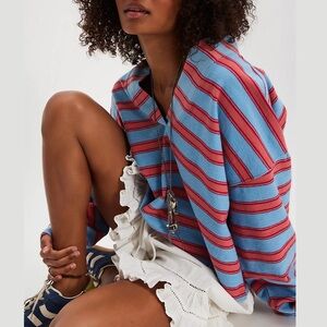 Free People Caddy sweatshirt L blue combo revised striped cotton terry v-neck
